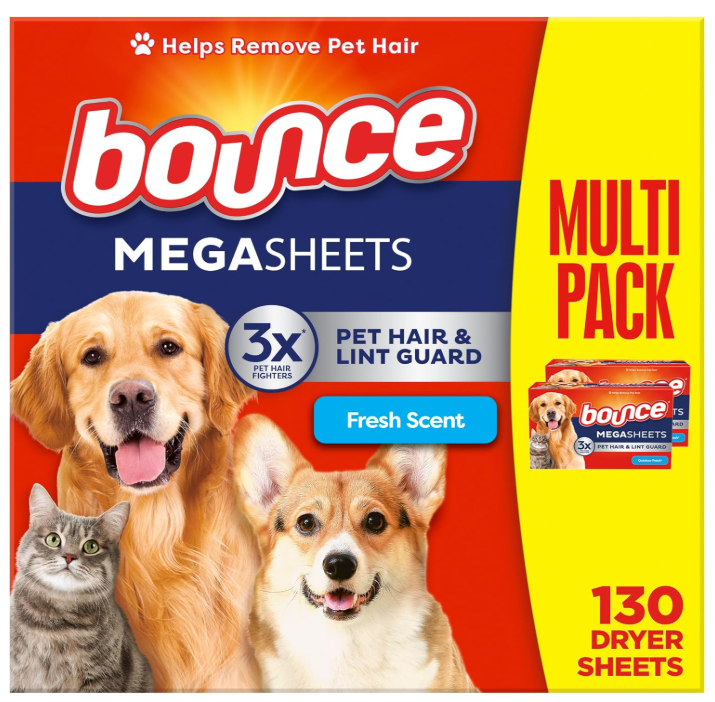 Bounce Pet Hair and Lint Guard Mega Dryer Sheets with 3X Pet Hair Fighters 130 Ct