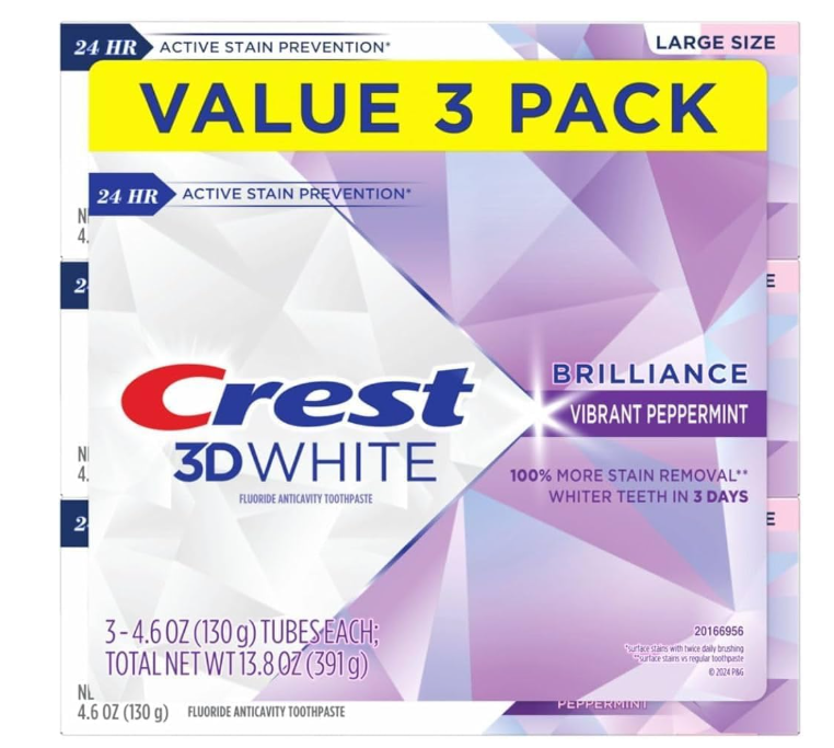 Crest 3D White Fluoride Anticavity Toothpaste Vibrant Peppermint 130g 3 Pack