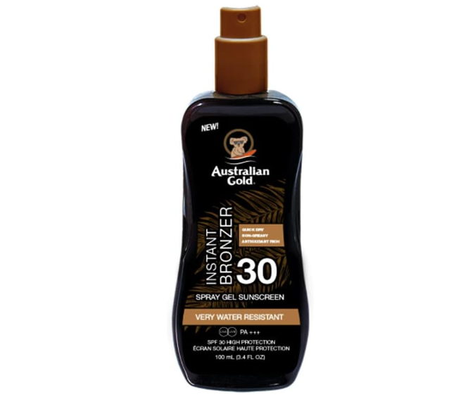 Australian Gold SPF30 Spray Gel Sunscreen Instant Bronzer 100ml