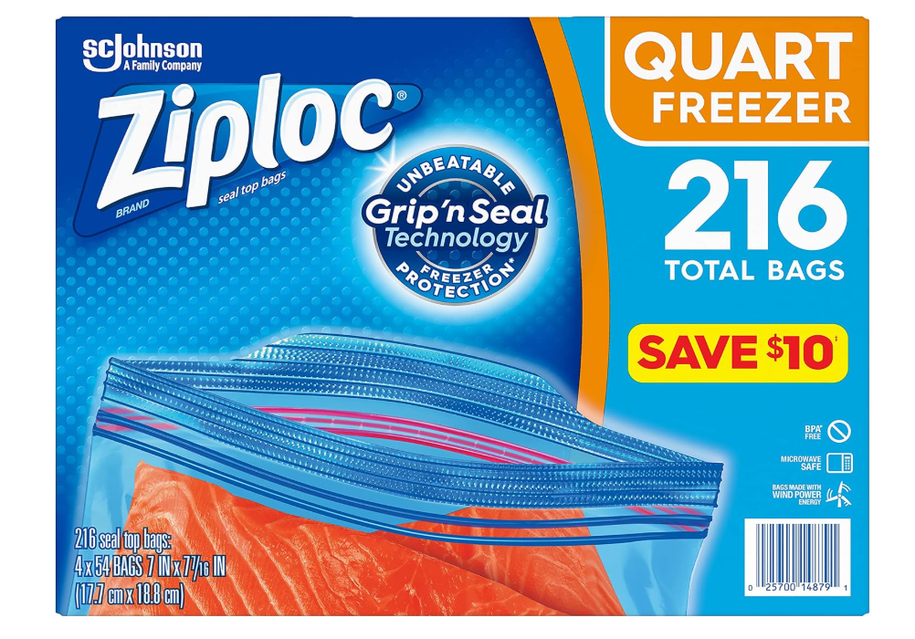 Ziploc Double Zipper Heavy Duty Quart Freezer Bags 216ct