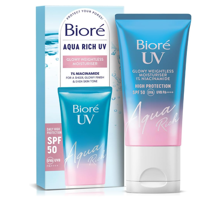 Biore UV Aqua Rich Glowy Weightless Moisturiser SPF50 with 1% Niacinamide 50ml