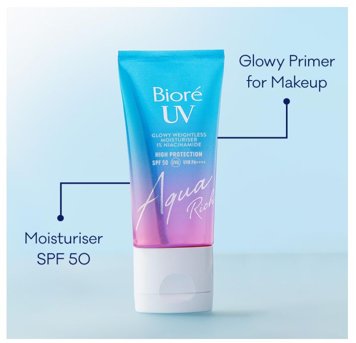 Biore UV Aqua Rich Glowy Weightless Moisturiser SPF50 with 1% Niacinamide 50ml