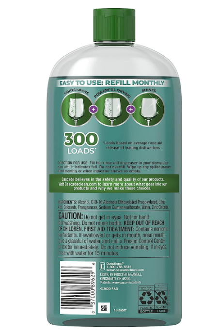 Cascade Rinse Aid Platinum, Dishwasher Rinse Agent, Regular Scent, 901ml