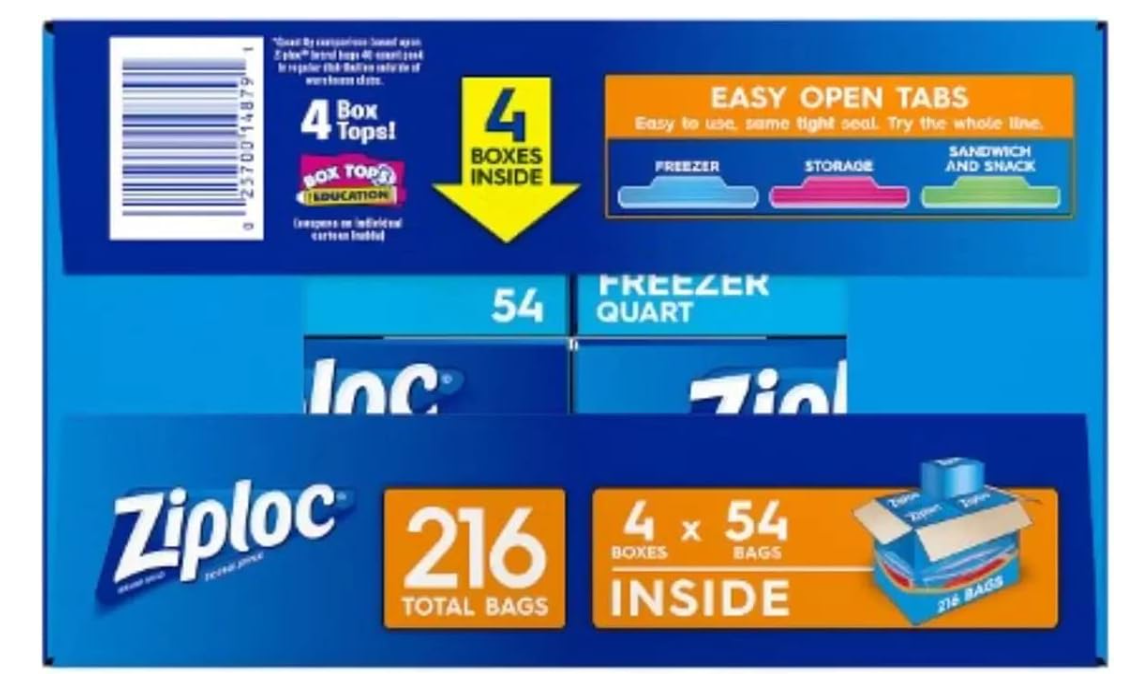 Ziploc Double Zipper Heavy Duty Quart Freezer Bags 216ct