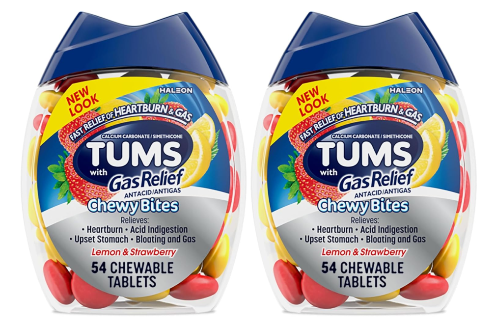 Tums Antacid Chewy Bites Chewable with Gas Relief Lemon & Strawberry 54tab