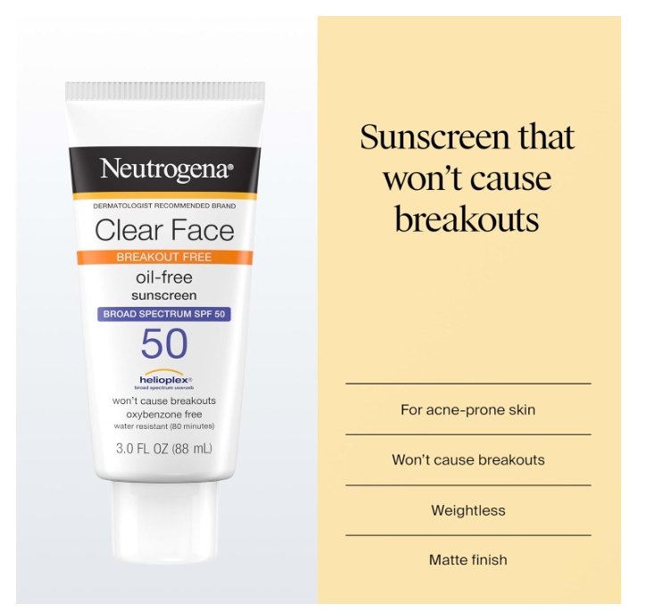 Neutrogena Clear Face Breakout Free Liquid Lotion Sunscreen SPF50 88ml