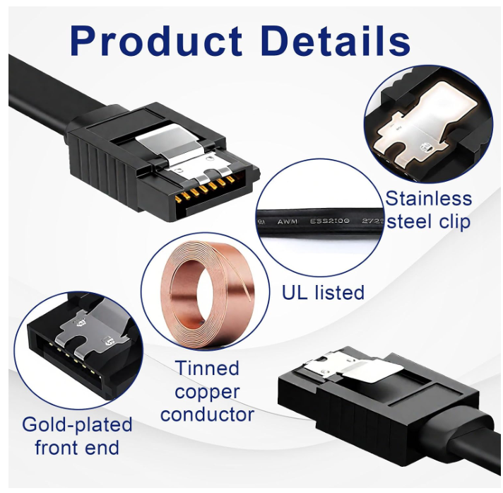 Fogcosy SATA III Data &amp; Power Cable Set 90° Right Angle with Locking Latch for SSD, HDD, CD/DVD Drives Black